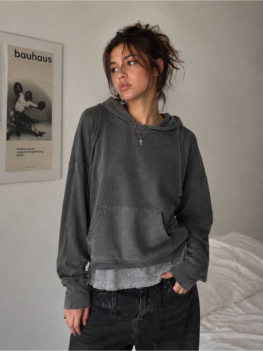 Aerie Washed Charcoal Soft Grunge Hoodie Oversized Y2K Streetwear distressed